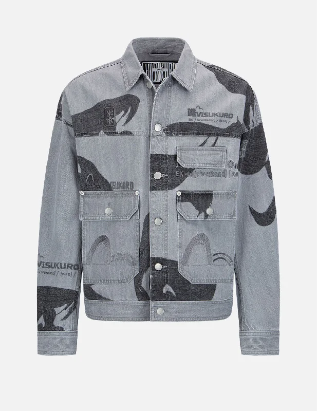 Brushstroke Kanji and Multi-Logo Denim Jacket Appliqued Jacket Beaded Jacket Sequined Jacket