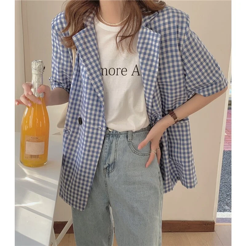 2Colors korean style breif Short sleeve Plaid blazer womens 2022 Summer Loose jacket and coats casual blazer womens (k8183) Zippered Front Buttoned Front Snap Front