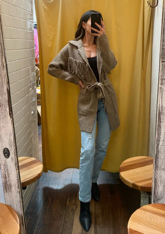 Taupe Fringe Cardigan Machine Wash Dry Clean Hand Wash