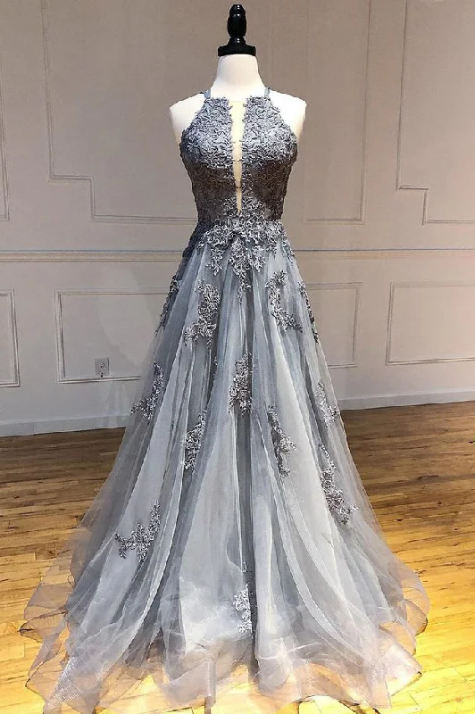 A-line Spaghetti Straps Lace Appliques Grey Tulle Long Prom Dress Party Dress OKR70 Tunics Recommended stylist A-line Spaghetti Straps Lace Appliques Grey Tulle Long Prom Dress Party Dress OKR70 Tunics Recommended stylist