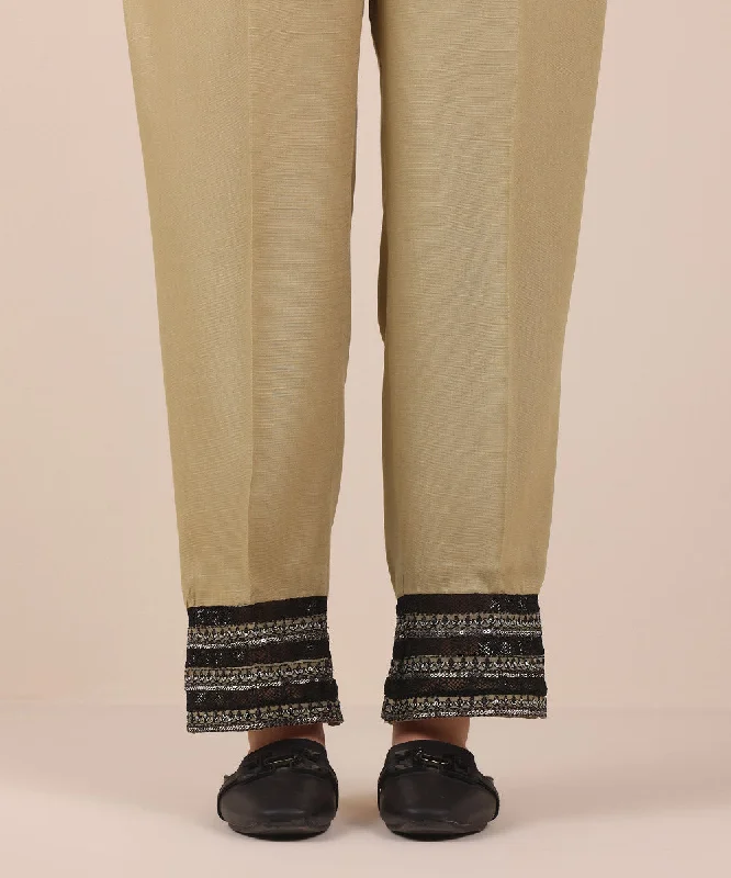 Embroidered Raw Silk Pants Casual Drawstring Pants