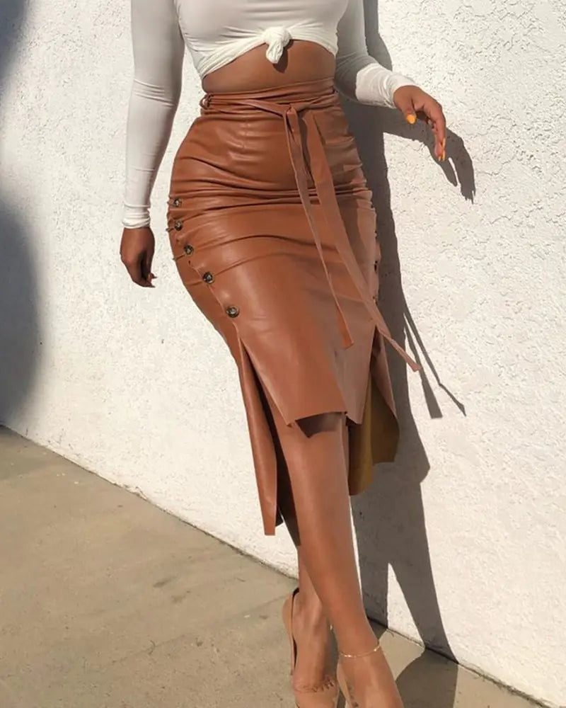 Women's High Waist Leather Skirt with Belt and Button Trim corduroy skirt cozy