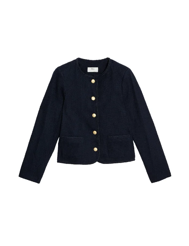 Pure Cotton Tweed Collarless Short Jacket Fitted Jacket Loose Jacket Oversized Jacket