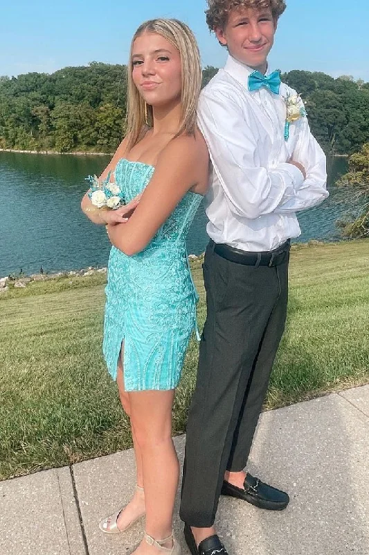 Mint Blue Strapless Short Party Dress Sheath Homecoming Dress, DP2550 Crew Neckline Casual Mint Blue Strapless Short Party Dress Sheath Homecoming Dress, DP2550 Crew Neckline Casual