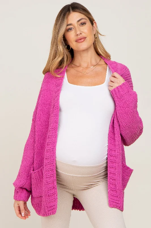 Fuchsia Oversized Bubble Sleeve Maternity Cardigan Beaded Cardigan Sequined Faux Fur