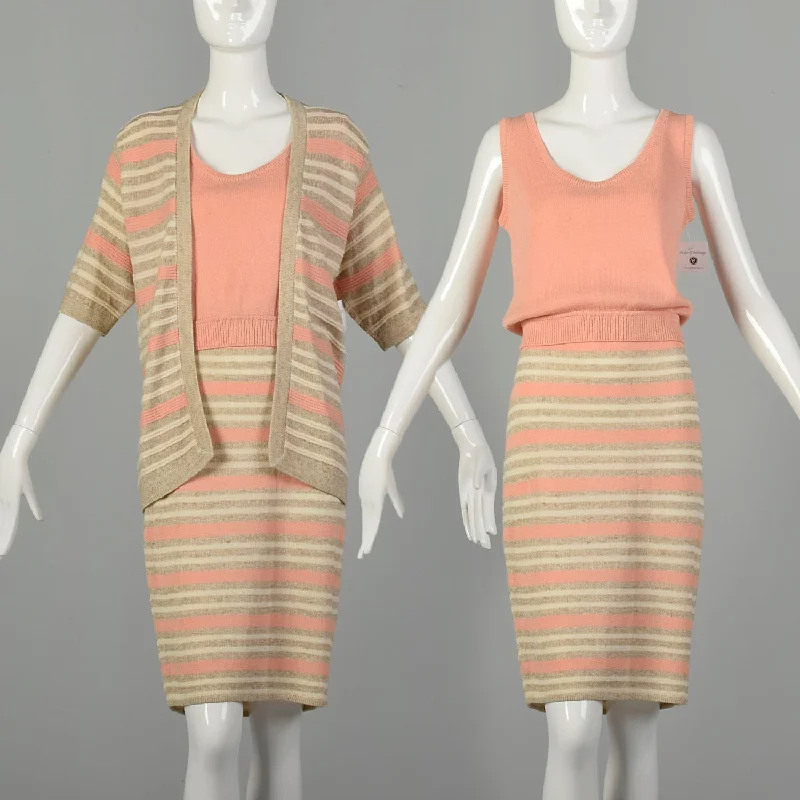 Medium 1980s St. John Set Knit Skirt Peach Shirt Striped Cardigan 3pc Ensemble Houndstooth Herringbone Solid