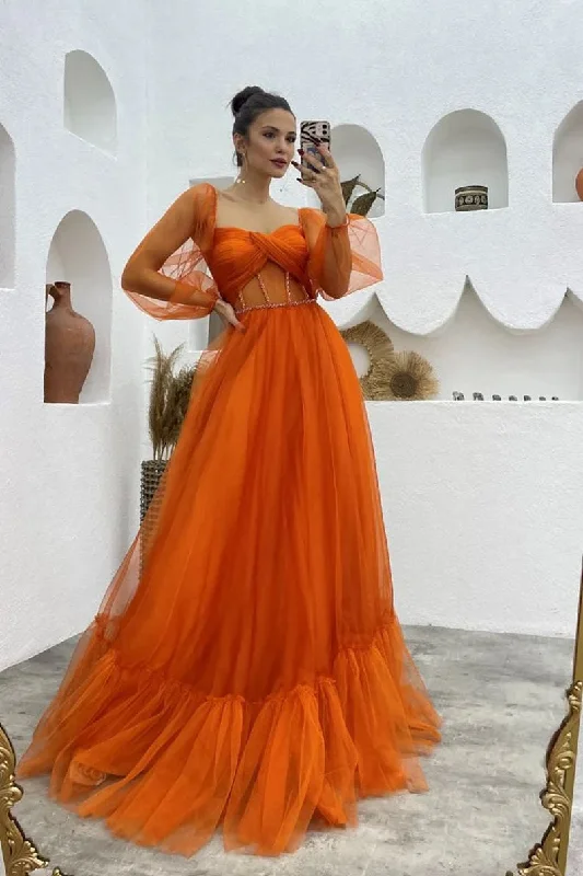 A Line Tulle Orange Long Sleeves Long Prom Dresses Long Evening Party Dresses OK1940 Tunics Wedding white A Line Tulle Orange Long Sleeves Long Prom Dresses Long Evening Party Dresses OK1940 Tunics Wedding white