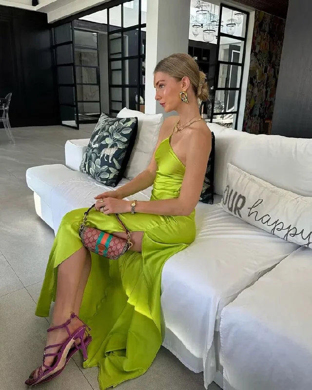 Green Satin Simple Long Party Dress with Slit, DP2451 Tunics Satin smooth