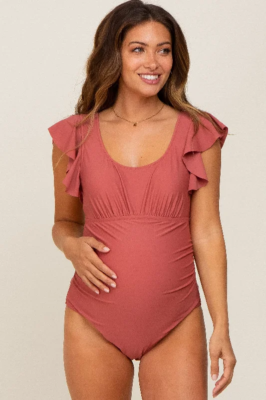 Rust Ruffle Shoulder Pleated Side Maternity One Piece Swimsuit Quick-Dry Tankini