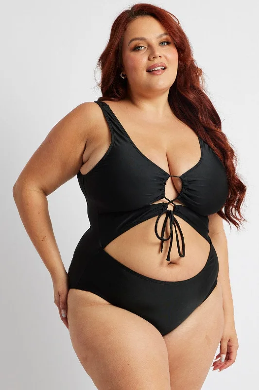 Black Cut Out One Piece Swimsuit Solid Color Swimsuit