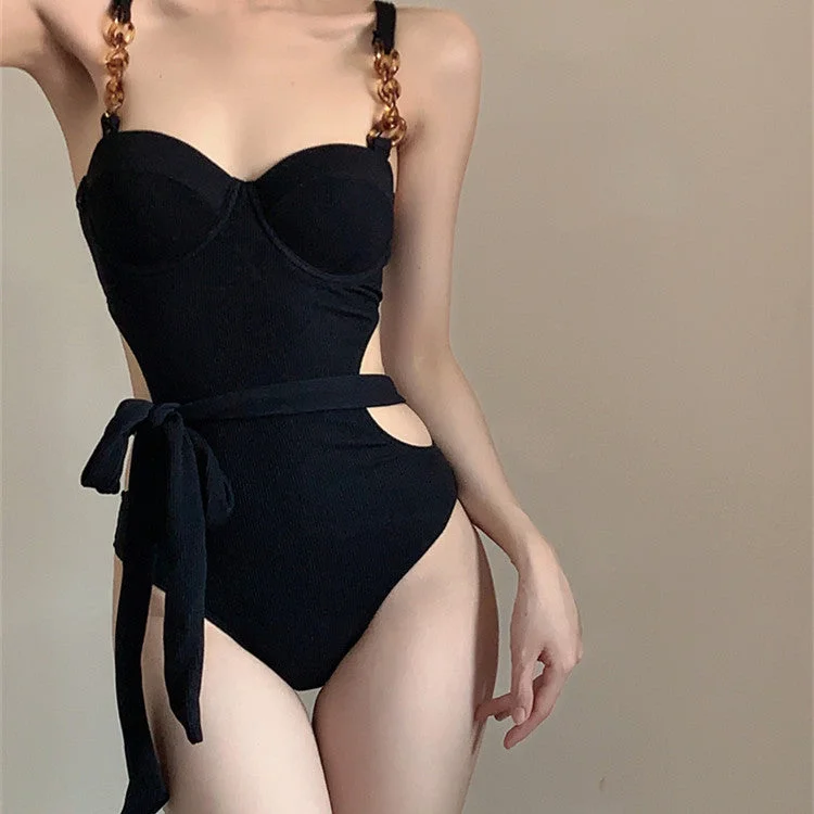 black one piece swimsuit  KF70021 High-Cut One-Piece