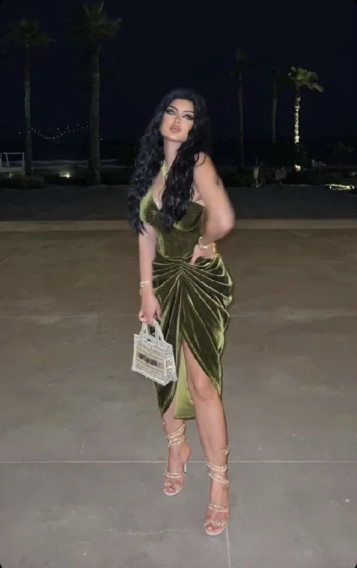Green One Shoulder Midi Length Velvet Cocktail Party Dress, DP2696 Tunics Print Colorful
