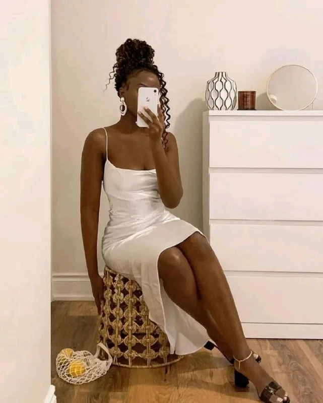 White Straps Satin Midi Length Black Girl Simple Party Dress, DP2527 Tunics Silk luxurious White Straps Satin Midi Length Black Girl Simple Party Dress, DP2527 Tunics Silk luxurious