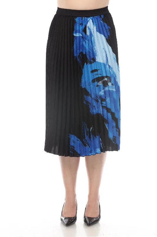 Joseph Ribkoff Black/Blue Brushstroke Print Pleated Pull On Midi Skirt 241930 lightweight skirt design