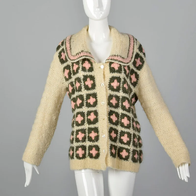 Large Schiaparelli 1950s Cream Cardigan Sweater with Pink and Green Granny Squares Thin Thick Dense