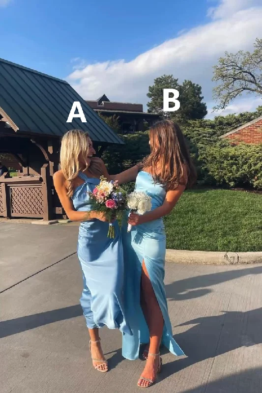 Simple Satin Wedding Guest Dress Blue Long Party Dress, DP2542 Tunics Long Elegant