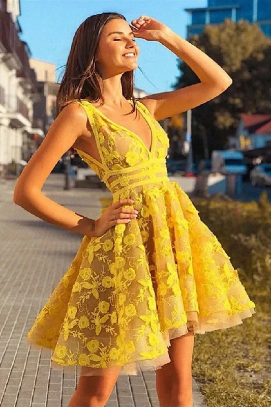 Vintage Yellow Lace Appliques V Neck Short Party Dress Above Knee Homecoming Dress Tunics Ceremony elegant Vintage Yellow Lace Appliques V Neck Short Party Dress Above Knee Homecoming Dress Tunics Ceremony elegant