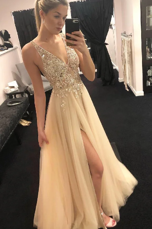 Cheap V-Neck Beading Tulle Long Prom Dresses, Junior Split Evening Party Dress OKI32 Tunics Trousers formal Cheap V-Neck Beading Tulle Long Prom Dresses, Junior Split Evening Party Dress OKI32 Tunics Trousers formal