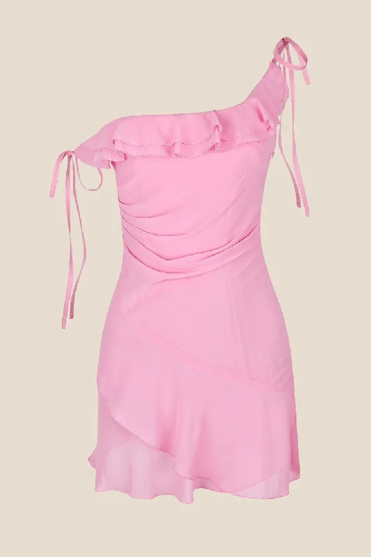 One Shoulder Pink Ruffle Chiffon Party Dress Tunics Sale discount
