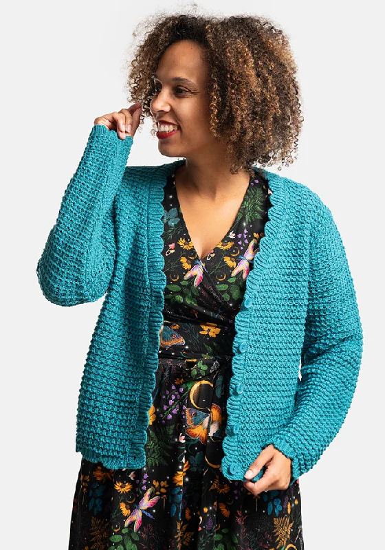 Teal Long Sleeve Scallop Cardigan Solid Color Striped Floral Print
