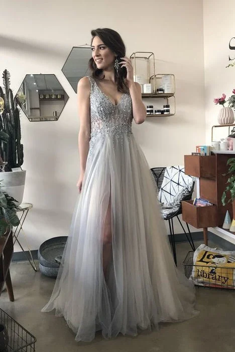 A-Line V Neck Long Grey Tulle Split Prom Party Dresses with Sequins OKF70 Tunics Cozy comfortable