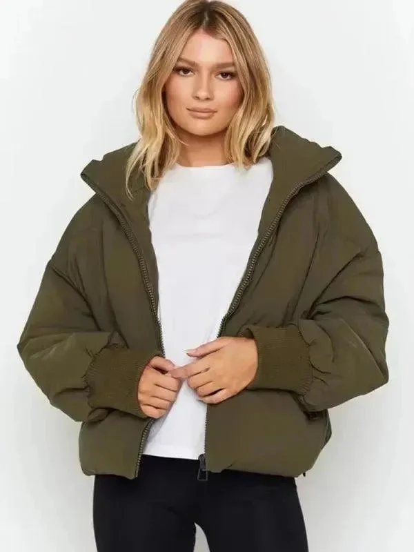 Women Casual Stand Collar Puffer Jacket Wool Fabric Cashmere Fabric Tweed Fabric