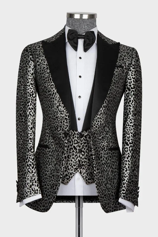 Chic Silver Three Pieces Prom Suit Jackets with Jacquard Peaked Lapel Tailored Jacket Straight Jacket A-Line Jacket