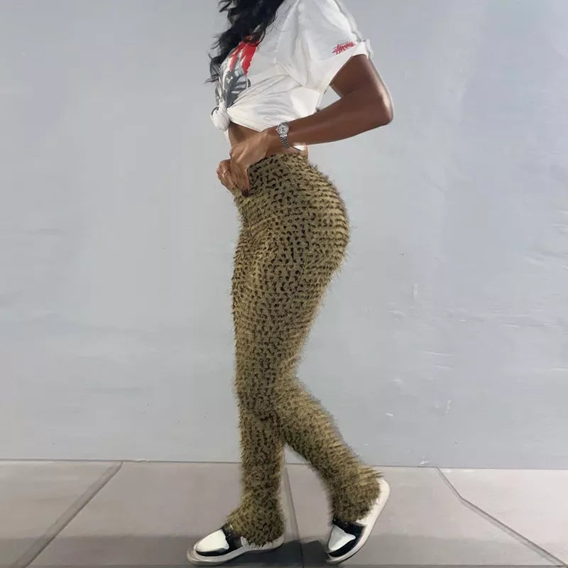 Women Pants Folds Leopard  Herfst Undefined High Street Sheath Slim Attirewear Stretchy High Waist Body-Shaping Streetwear Trendy Palazzo Pants