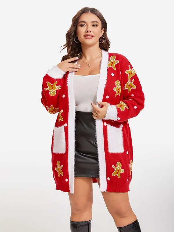 Christmas Print Contrast Trim Dual Pocket Cardigan Terry Terry Cloth Terry Knit