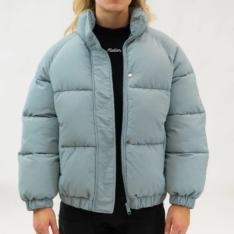 The Motier Women's Horizon Puffer Jacket (Slate Blue) One-Shoulder Jacket Off-the-Shoulder Jacket Asymmetrical Jacket