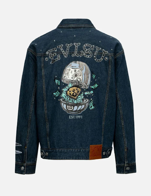 Diamond Daruma and Seagull Print Loose Fit Denim Jacket Print Jacket Jacquard Jacket Patchwork Jacket