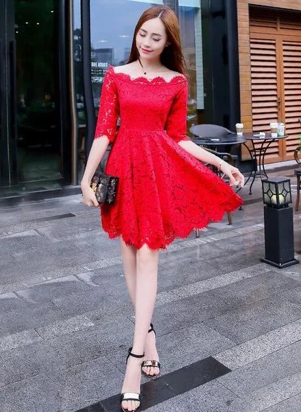 Lovely Red Lace Short Sleeves Party Dress, Chic Red Off Shoulder Homecoming Dress c3181 Tunics Gym athletic