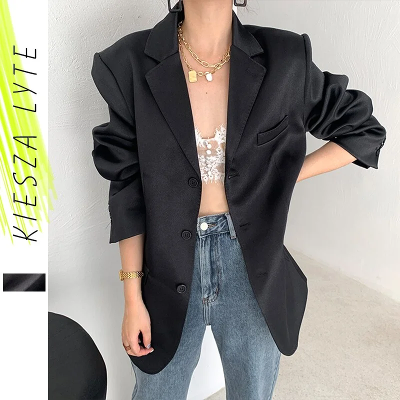2022 Autumn women's outfit black satin blazer vintage solid   korean stylte casual loose suit jacket trend fashioin Elasticated Jacket Padded Jacket Insulated Jacket
