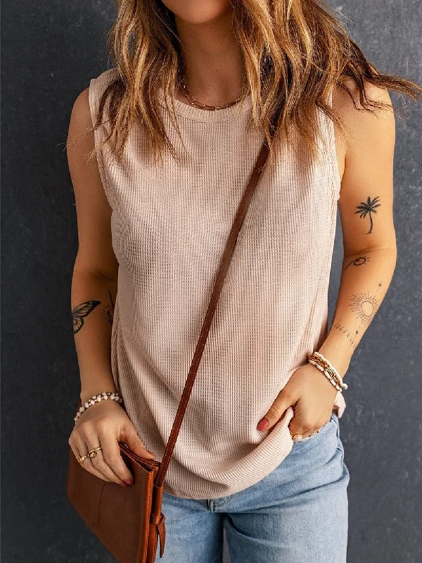 Apricot Sleeveless Waffle Knit Tank Top in Round Neck Style glitter tank top