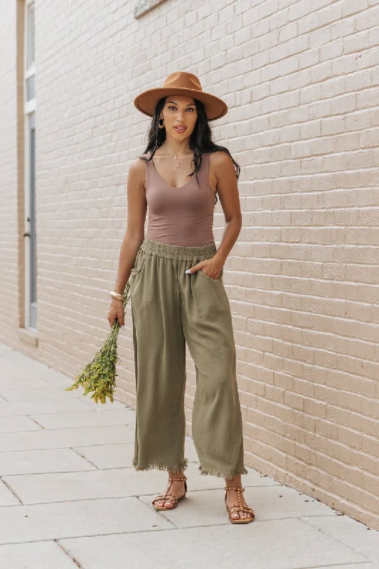 Light Olive Frayed Linen Wide Leg Pants Cozy Maternity Pants