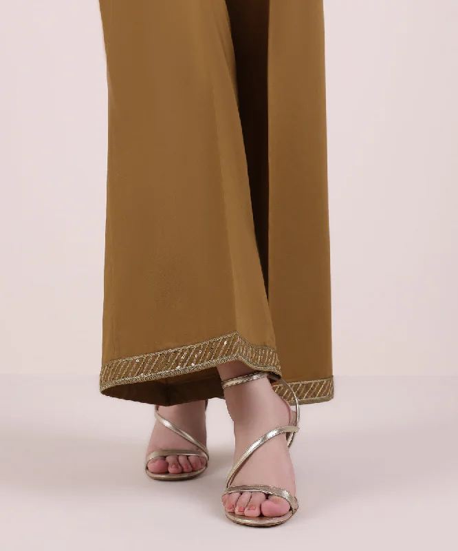 Embroidered Cambric Flared Pants Relaxed Linen Pants
