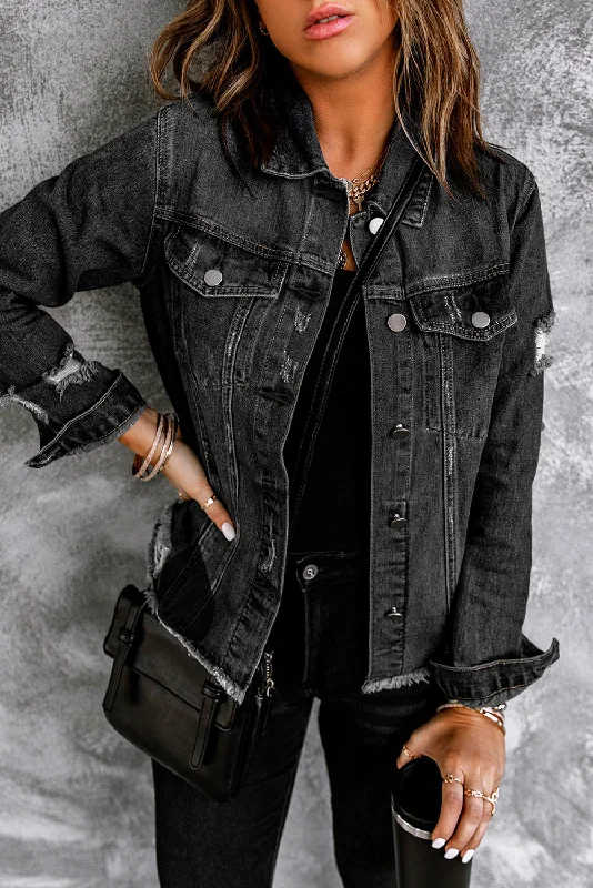 Black Lapel Distressed Raw Hem Buttons Denim Jacket Elasticated Jacket Padded Jacket Insulated Jacket