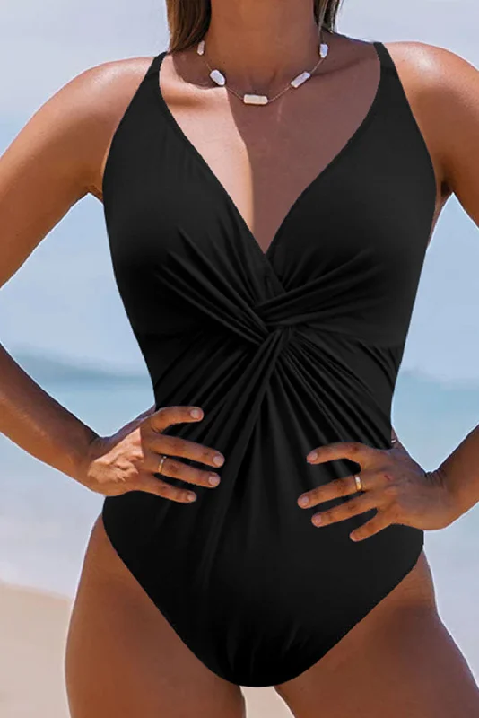 Black V Neck Twist Ruched Crisscross Backless One-Piece Swimsuit Vibrant Bikini Bottoms