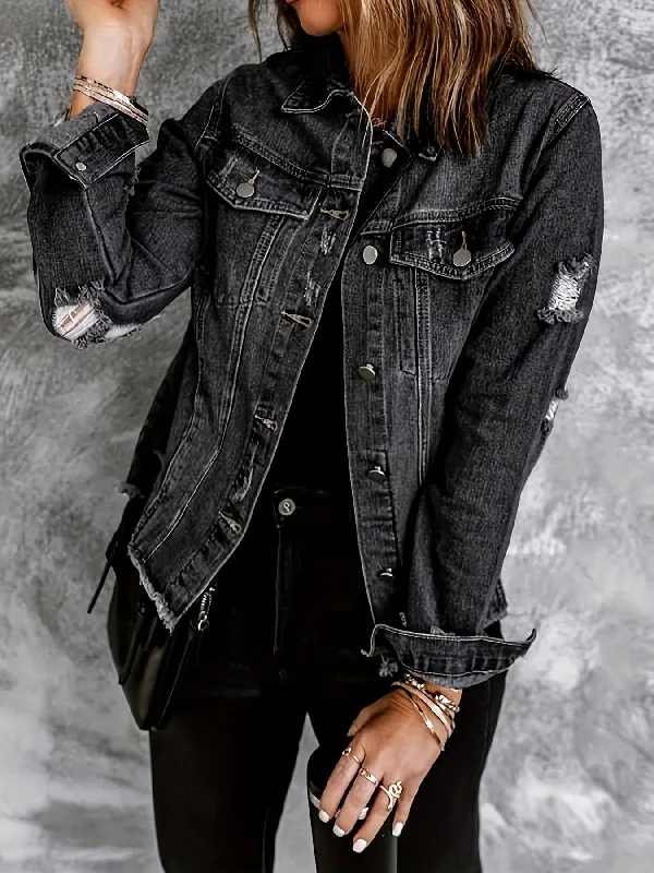 Black Denim Jacket with Distressed Detail Anorak Shell Jacket Lightweight Jacket