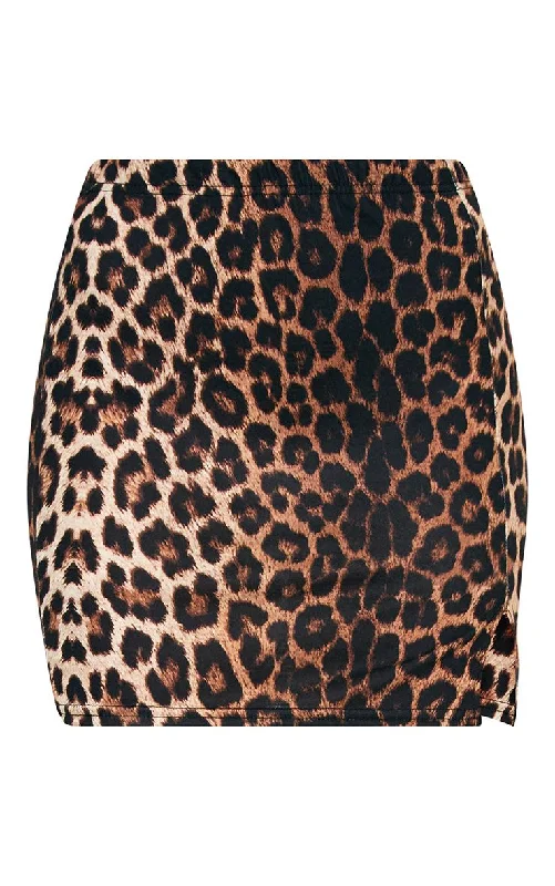 PrettyLittleThing Womens Brown Leopard Print Split Mini Skirt silk skirt elegant