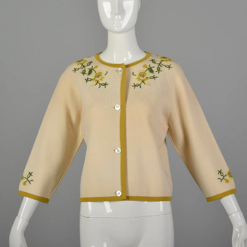 Medium 1960s Floral Embroidered Cardigan Button Cardigan Zip Cardigan Pullover Cardigan