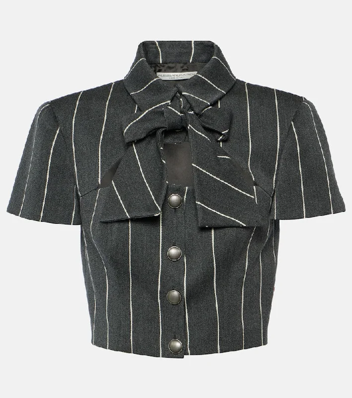 Alessandra Rich Pinstripe cropped wool-blend jacket One-Shoulder Jacket Off-the-Shoulder Jacket Asymmetrical Jacket