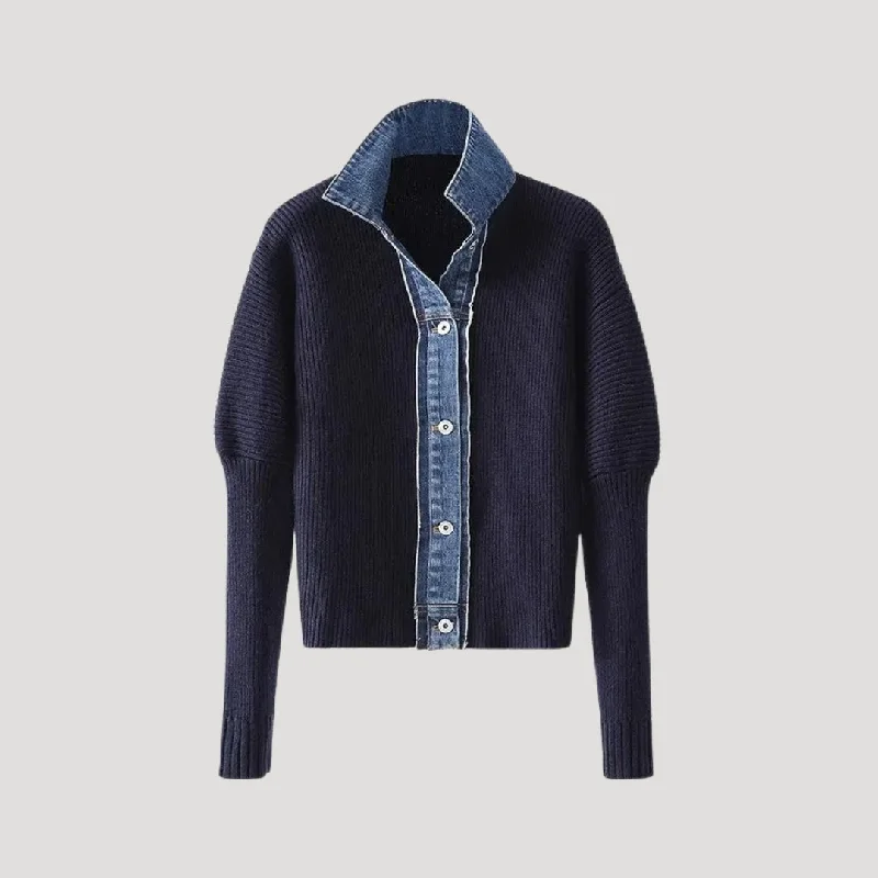 Contrast denim trim knit cardigan Elasticated Padded Insulated