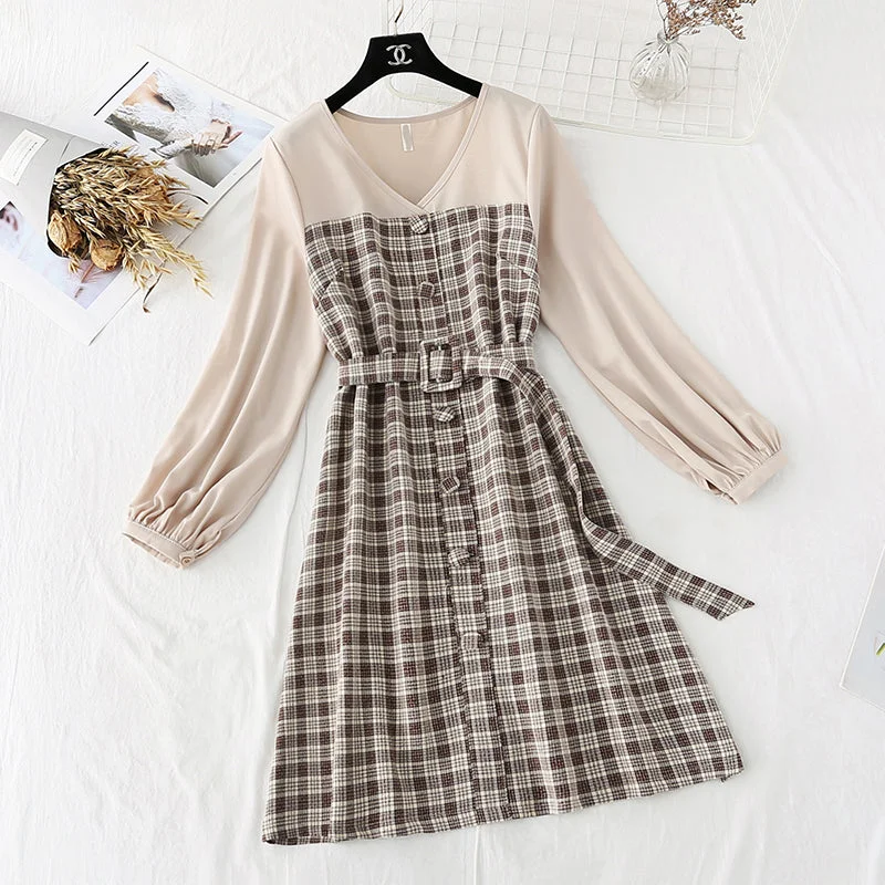 French Vintage plaid skirt fairy super fairy series long sleeve waist fashion  2301 patchwork skirt art