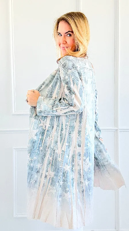 Celestial Starry Denim Long Cardigan Knit Fabric Woven Fabric Fleece Fabric