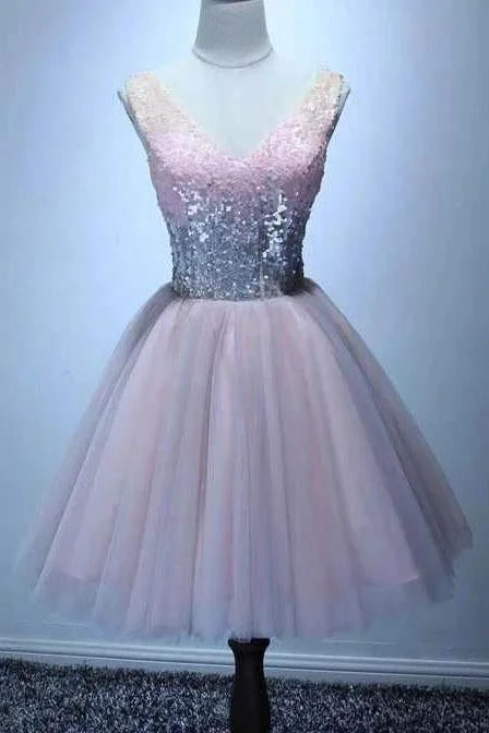 Cute Bling Sequins Short Tulle Party Dress V Neck Pink Lace up Homecoming Dresses Tunics Running lightweight
