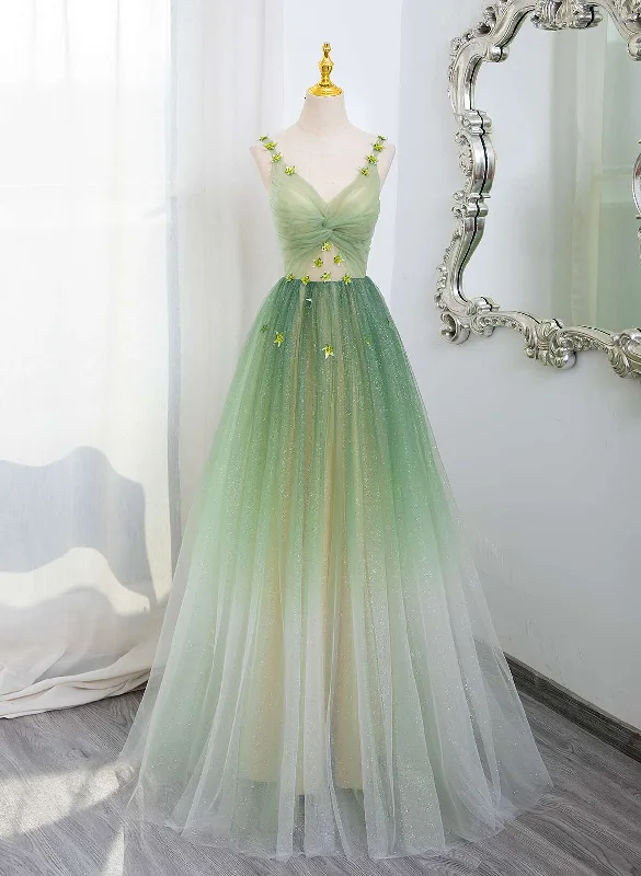 Green Gradient A-line Tulle V-neckline Long Party Dress, Green Tulle Prom Dress Tunics Yoga stretchy Green Gradient A-line Tulle V-neckline Long Party Dress, Green Tulle Prom Dress Tunics Yoga stretchy