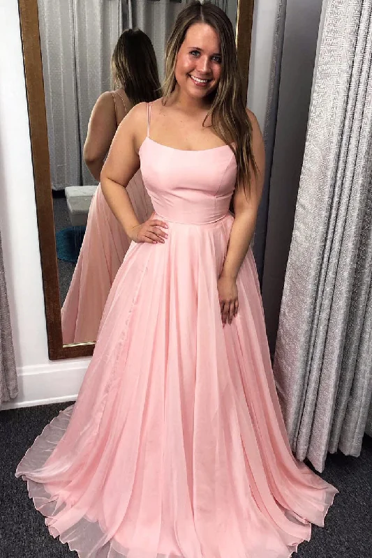 A Line Pink Spaghetti Straps Prom Dresses, Long Evening Party Dresses OKJ54 Tunics Running lightweight