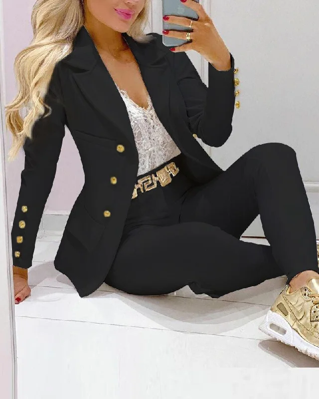 2023 Women Formal Jacket & Trousers Office Lady Outfits Autumn Women Two Pieces Set Print Blazer Coat & Pants Suit Sets Female Cotton Fabric Linen Fabric Terry Fabric