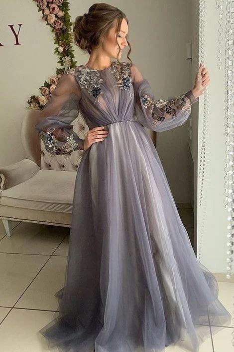 Long Sleeves A-line Tulle Appliques Prom Dress Evening Party Dress OKY85 Tunics Practical durable Long Sleeves A-line Tulle Appliques Prom Dress Evening Party Dress OKY85 Tunics Practical durable